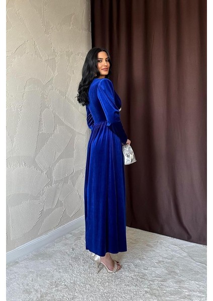 Saks Göğüs Altı Taşlı Elbise
