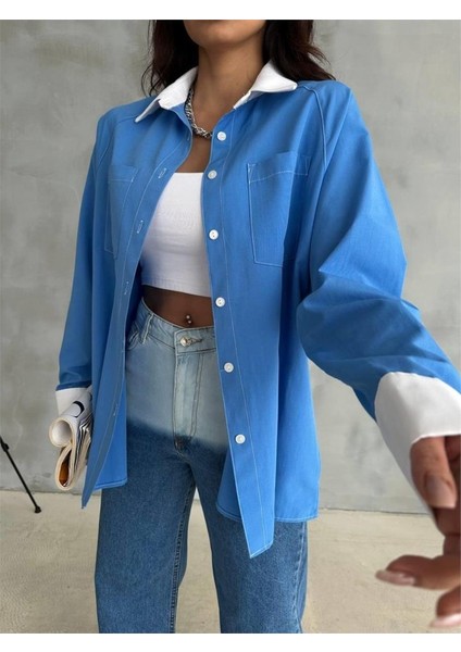 Kol ve Manşet Beyaz Kapalı Pile Detaylı Gömlek - Mavi fırsatları