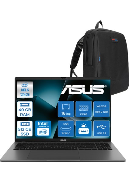 Vivobook S16 S3607VA Intel Core I5 13420H Ddr5 40GB 512GB SSD Freedos 16" 300NITS Wuxga IPS 144HZ Taşınabilir Bilgisayar RP076F09 + Zetta Çanta