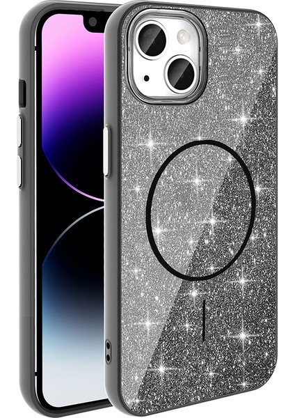 iPhone Uyumlu 13 Kılıf M-Safe Şarj Özellikli Parlayan Simli Zore Okso Kapak-Siyah