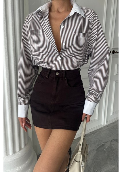 Yaka ve Manşet Beyaz Boyfriend Çizgili Poplin Gömlek - Kahverengi fiyatları