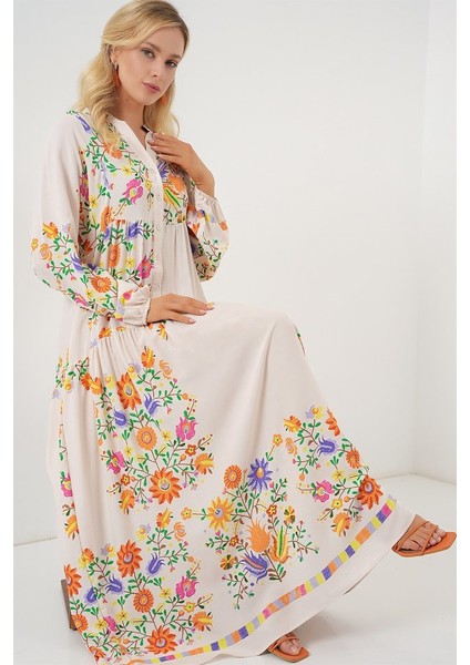 2423 Otantik Desenli Tesettür Elbise - B. Turuncu fiyatları