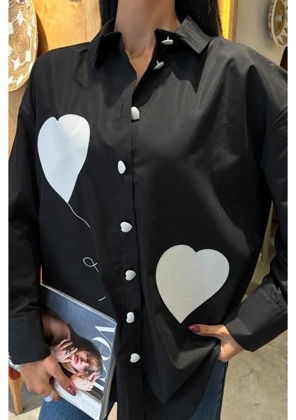 Kalp Nakışlı ve Düğme Detaylı Oversize Gömlek 3430