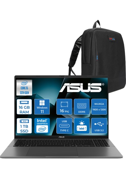 Vivobook S16 S3607VA Intel Core I5 13420H Ddr5 24GB 512GB SSD Windows 11 Pro 16" 300NITS Wuxga IPS 144HZ Taşınabilir Bilgisayar RP076P05 + Zetta Çanta