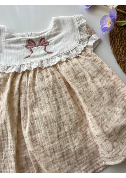 Kurdele Detaylı Müslin Elbise Kız Çocuk Bebek