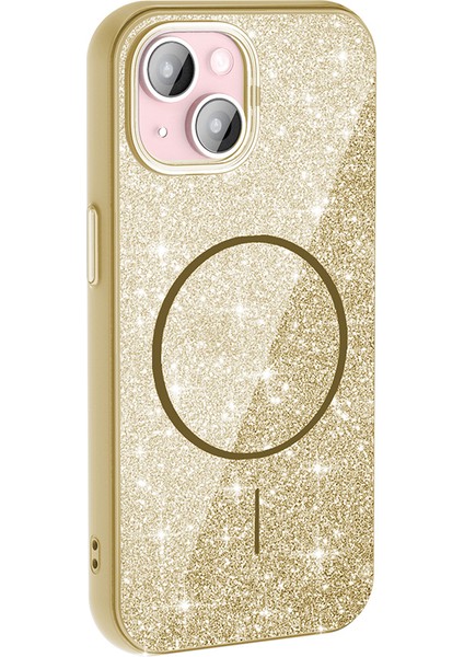 iPhone Uyumlu 15 Plus Kılıf M-Safe Şarj Özellikli Parlayan Simli Zore Okso Kapak-Gold