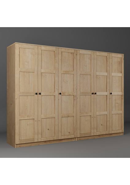 Lucas 6 Kapaklı, 12 Raf Bölmeli, Askılıklı Geniş Elbise Dolabı, Gardırop, safir Meşe 190*270 indirimleri