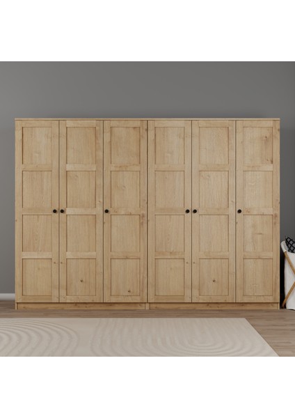 Lucas 6 Kapaklı, 12 Raf Bölmeli, Askılıklı Geniş Elbise Dolabı, Gardırop, safir Meşe 190*270 fiyatları