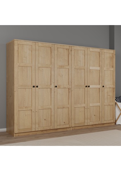 Lucas 6 Kapaklı, 12 Raf Bölmeli, Askılıklı Geniş Elbise Dolabı, Gardırop, safir Meşe 190*270 fırsatları