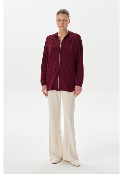 Modal Örme Kapüşonlu Oversize Hırka Bordo