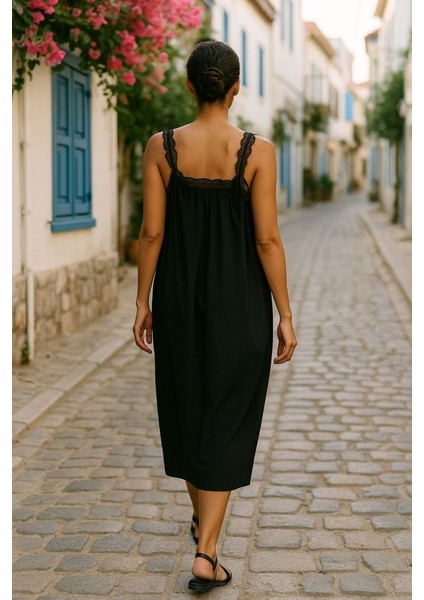 Kadın Dantel Askılı Kare Yakalı Uzun Viskon Elbise fiyatları