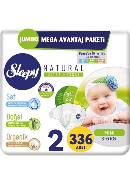 Bebek Bezi Naturel Beden:2 (3-6 kg) Mini 336 Adet Jumbo Mega Avantaj Paket