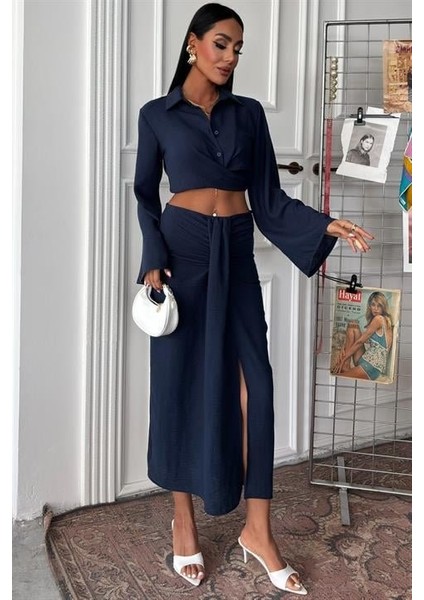 Crop Gömlekli ve Eteği Büzgülü Tasarım Takım 10195