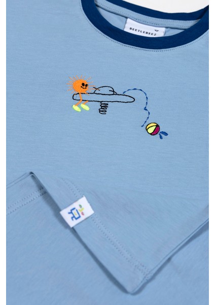 Unisex Kısa Kollu Oversize Nakışlı Açık Mavi T-Shirt