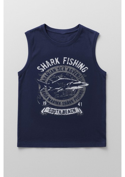 Erkek %100 Pamuk Bisiklet Yaka Shark Baskılı Kolsuz T-Shirt