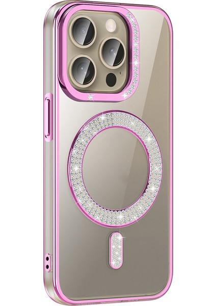 iPhone Uyumlu 15 Pro Max Kılıf Pırlanta Taş Tasarımlı M-Safe Şarj Özellikli Zore Karetta Silikon Kapak-Rose Gold
