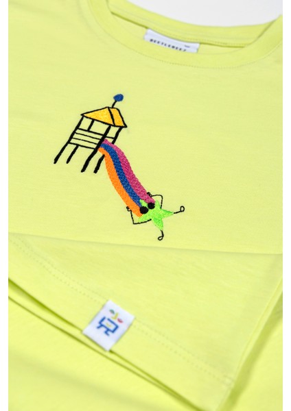 Unisex Kısa Kollu Oversize Nakışlı Lime T-Shirt