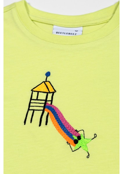 Unisex Kısa Kollu Oversize Nakışlı Lime T-Shirt