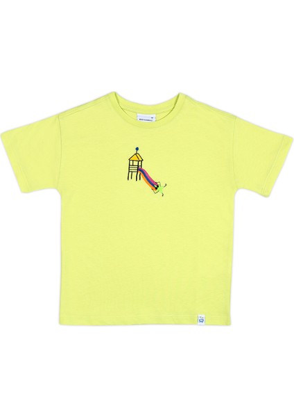 Unisex Kısa Kollu Oversize Nakışlı Lime T-Shirt