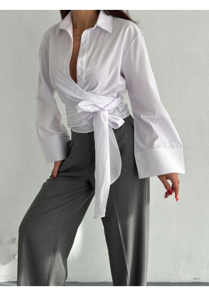 kadın %100 pamuk kruvaze yaka beyaz Gömlek