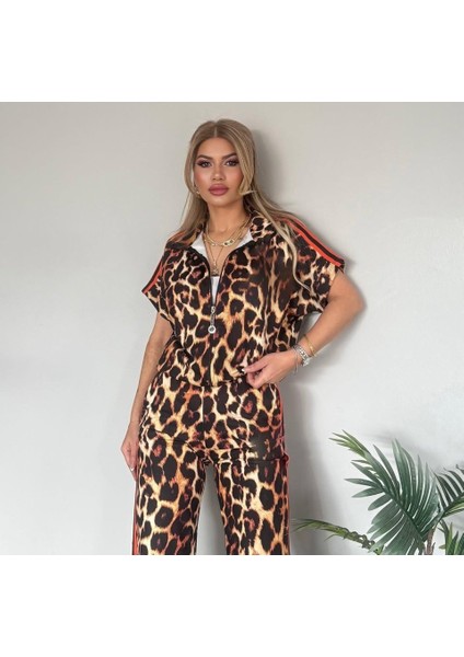 Kadın Dalgıç Kumaş Dijital Leopar Baskılı Şerit Detaylı Takım modelleri