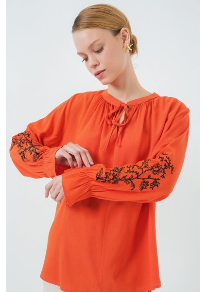 Nakışlı Örme Bluz 941 - Turuncu modelleri
