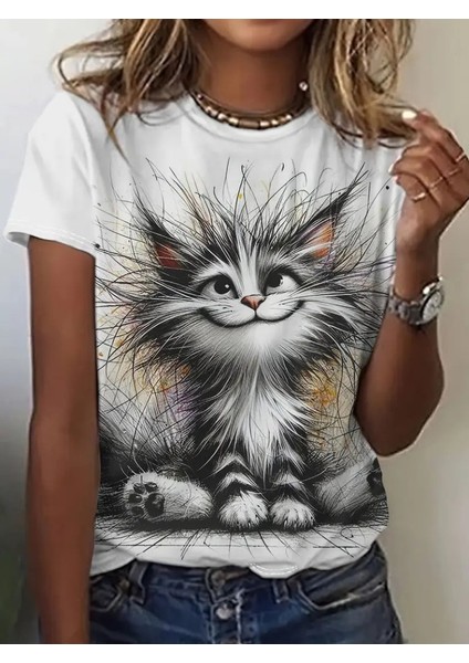 Kadın Kısa Kollu Bisiklet Yaka Kedi Baskılı Süprem Bluz