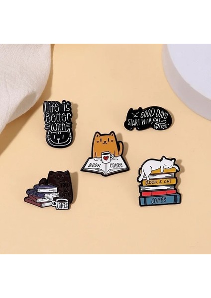 Fuhaidan WY0987 Moda Karikatür Kitaplar Metal Emaye Broş Sevimli Saat Yıldızlı Kedi Kitty Kütüphane (Yurt Dışından) fırsatları
