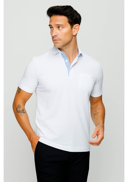 Erkek Polo Yaka Düğmeli Cepli T-Shirt Beyaz