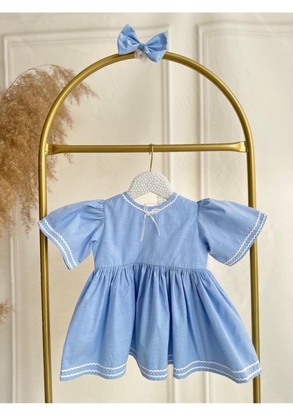 Kız Bebek Çocuk Bebe Mavi Poplin Kumaş Su Taşı Detaylı Elbise