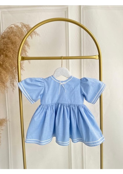 Kız Bebek Çocuk Bebe Mavi Poplin Kumaş Su Taşı Detaylı Elbise