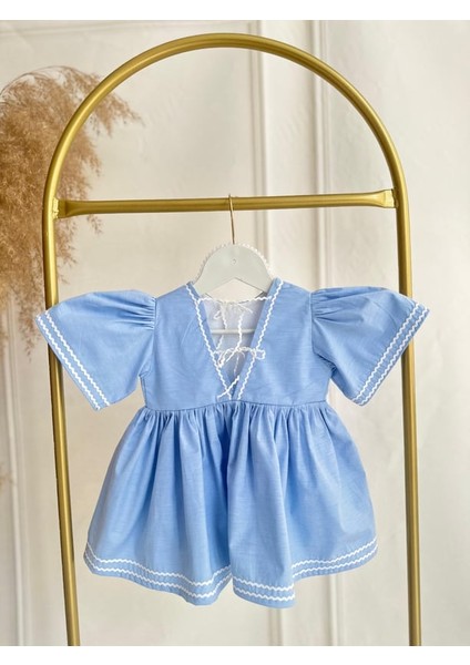 Kız Bebek Çocuk Bebe Mavi Poplin Kumaş Su Taşı Detaylı Elbise
