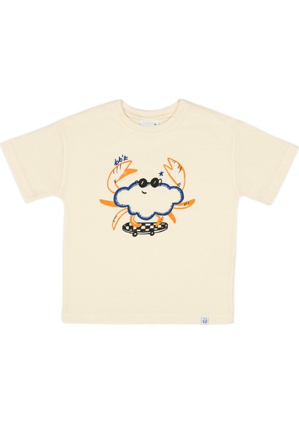 Unisex Kısa Kollu Oversize Baskılı Ekru T-Shirt