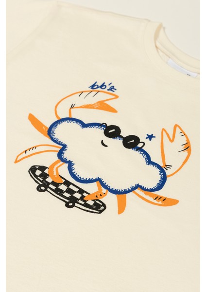 Unisex Kısa Kollu Oversize Baskılı Ekru T-Shirt