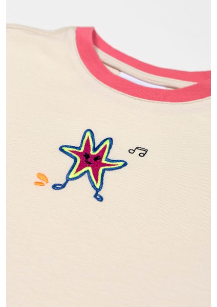 Kız Çocuk Kısa Kollu Crop Nakışlı Ekru T-Shirt