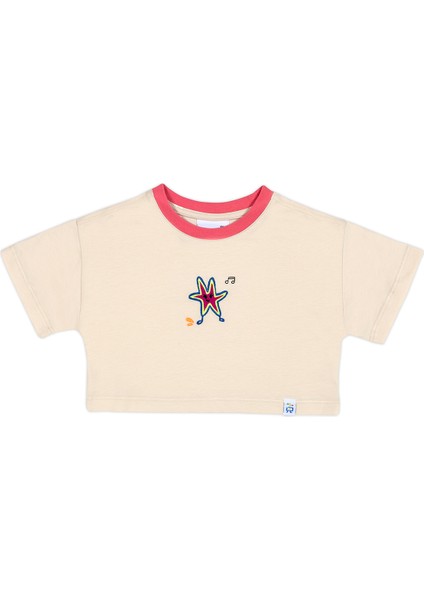 Kız Çocuk Kısa Kollu Crop Nakışlı Ekru T-Shirt
