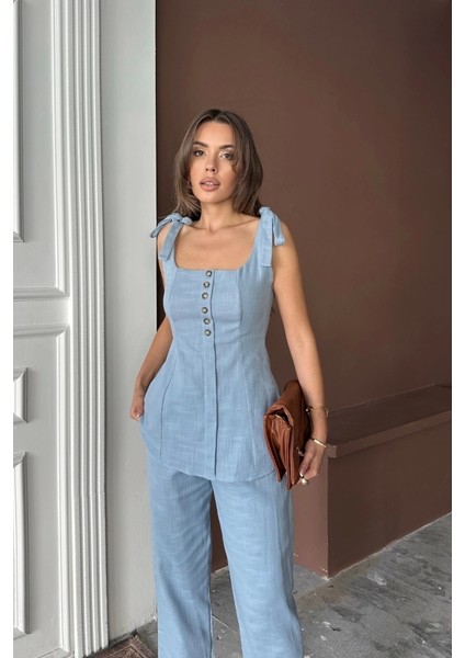 Şantuk Keten Yelek Görünümlü Askılı Bluz - Pantolon Tk - Mavi