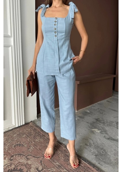 Şantuk Keten Yelek Görünümlü Askılı Bluz - Pantolon Tk - Mavi