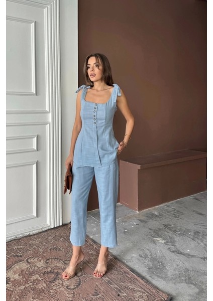 Şantuk Keten Yelek Görünümlü Askılı Bluz - Pantolon Tk - Mavi
