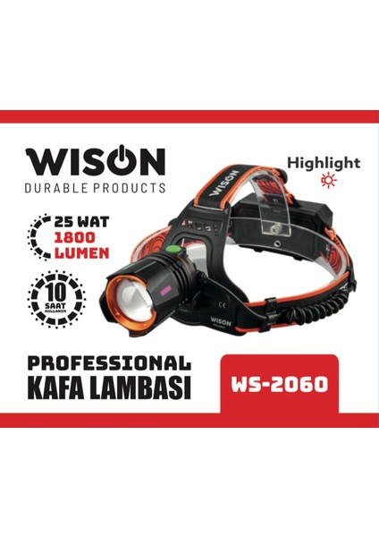 WS-2060 Profesyonel Şarjlı Kafa Lambası 25 Watt 1800 Lümen