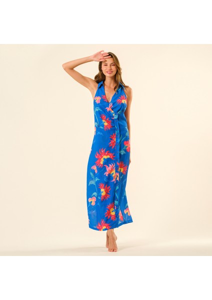 Protı Dijital Baskılı Şantuklu Polyester Elbise - Lacivert
