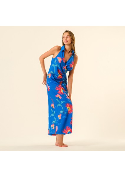 Protı Dijital Baskılı Şantuklu Polyester Elbise - Lacivert