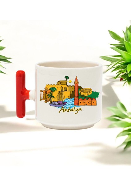 Antalya Tasarımlı Kırmızı T Kulplu Seramik Baskılı Kupa Bardak 250 ml