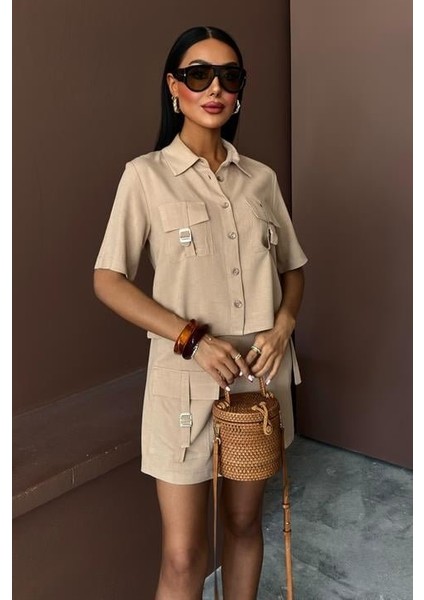 Gömlek Şort Etek Viscon Keten Takım 10162