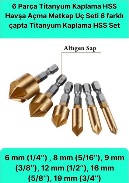 6 Parça Premium Titanyum Kaplama Bits Uçlu Kırılmaz Kaliteli Paslanmaz Havşa Açma Matkap Uç Seti