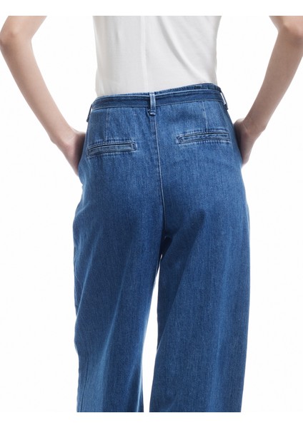 Yeni Sezon Yüksek Bel Geniş Paça Kemer Detaylı Pileli Jean Pantolon modelleri