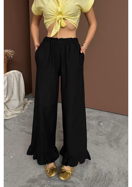 Siyah Paçası Fırfırlı Keten Pantolon fırsatları