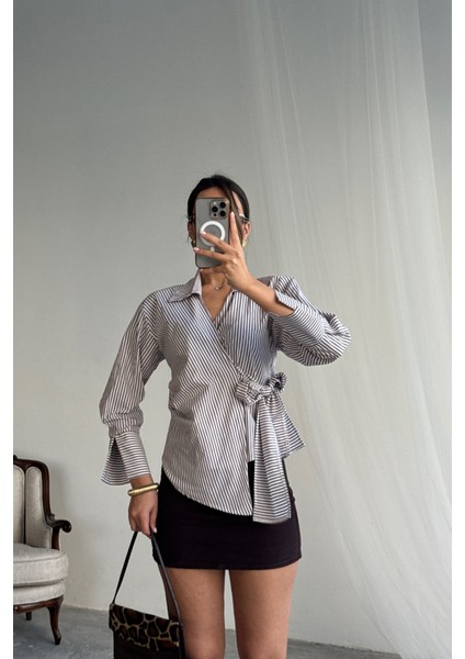 Çizgili Poplin Kruvaze Bağlamalı Gömlek - Kahverengi modelleri