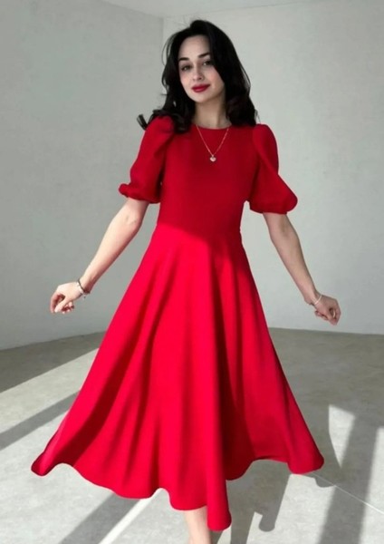 Kadın Kısa Balon Kollu Bisiklet Yaka Geniş Kesim Janjan Krep Elbise fiyatları