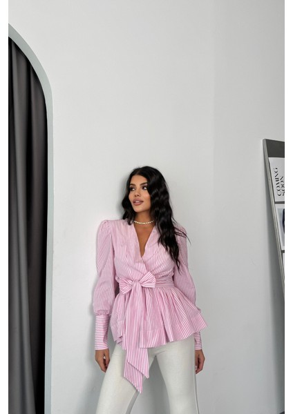 Çizgili Bağlama Detaylı Kruvaze Poplin Gömlek - Pembe fiyatları